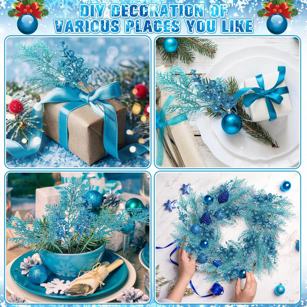Cindeer 80 Pcs Christmas Glitter Berries Stems Pine Needles Christmas Artificial Picks Fake Floral Twig Spray for Xmas Tree Ornaments DIY Wreath Garland Decorations(Aquamarine)