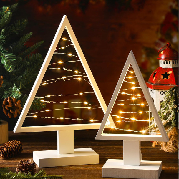 Wood Christmas Tree with Lights White Modern Farmhouse Light up Christmas Tree for Home Tabletop Fireplace Shelf Decor Battery Operated Holiday Decorations Set of 2(Large 13.4", Small 9.8")