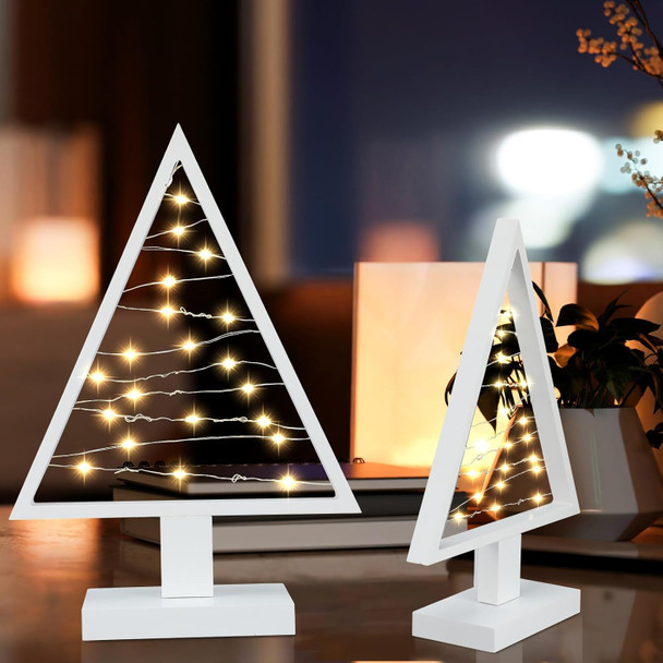 Wood Christmas Tree with Lights White Modern Farmhouse Light up Christmas Tree for Home Tabletop Fireplace Shelf Decor Battery Operated Holiday Decorations Set of 2(Large 13.4", Small 9.8")