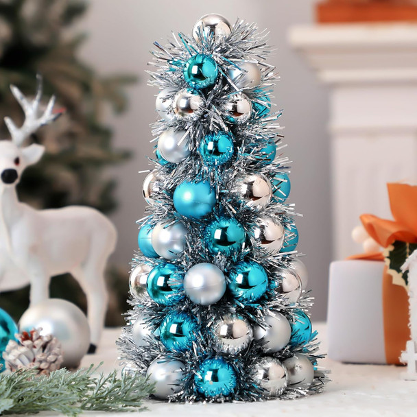 Small Christmas Tree Teal Christmas Tree for Table Decorations 11'' Baby Blue Mini Tabletop Xmas Tree Centerpieces Light Blue Christmas Decor with 62 Shatterproof Christmas Ornaments Balls