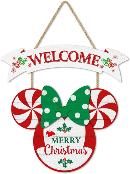 CIOEY Christmas Door Decor Mouse Welcome Door Sign, 2 Panels Wood Hanging Sign, Merry Christmas Decorations for Home Wall Christmas Party Supplies, Peppermint Decorative Home Porch Plaques