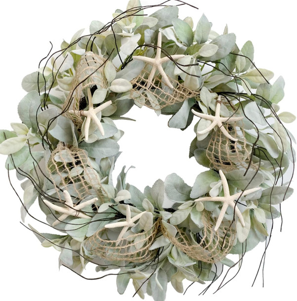 CIR OAOSES 18 Inch Green Ear Lambs Leaves Starfish Wreath for Front Door, Rustic and Farmhouse Spring Summer Greenery Wreath for Inside and Outside, Grapevine Year Round Wreath for Home Decor