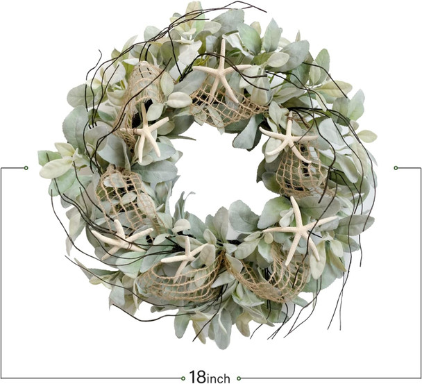 CIR OAOSES 18 Inch Green Ear Lambs Leaves Starfish Wreath for Front Door, Rustic and Farmhouse Spring Summer Greenery Wreath for Inside and Outside, Grapevine Year Round Wreath for Home Decor