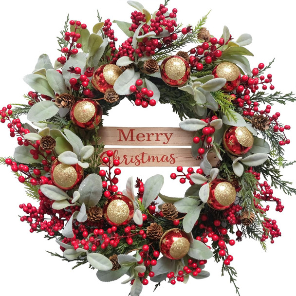 22" Christmas Wreath with Red Berry, Lamb’s Ears Leaves Pine Cone Star bolls, Artificial Winter Wreath G Decoration for Front Door Window Home Wall Farmhouse Holiday Outdoor Indoor Décor