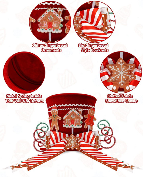 CiyvoLyeen Gingerbread Christmas Tree Topper, Red Top Hat with Candy Cane Gingerbread House Cookies Ornament Bows, Winter Holidays Xmas Tree Home Decoration, 3D Wreath Attachment Festive Ideas