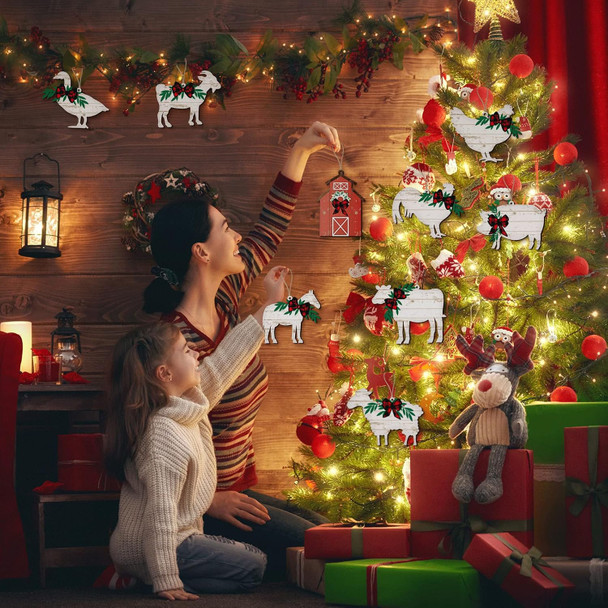 36 Pcs Christmas Farm Animals Ornaments Wood Christmas Animal Hanging Ornaments Wooden Cow Pig Farmhouse Holiday Decor for Christmas Tree Decoration Crafts