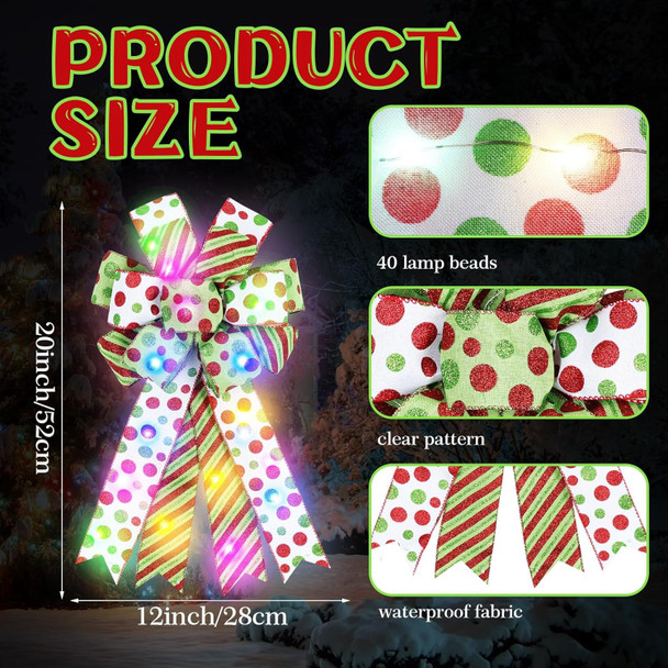 2 Pack Lighted Large Christmas Bow for Wreath Decor, Red Green Christmas Tree Topper Bows, Red Green Glitter Dot Bows for Wreath, 20x12 Inch Decorative Bows Light (Red Green Christmas)