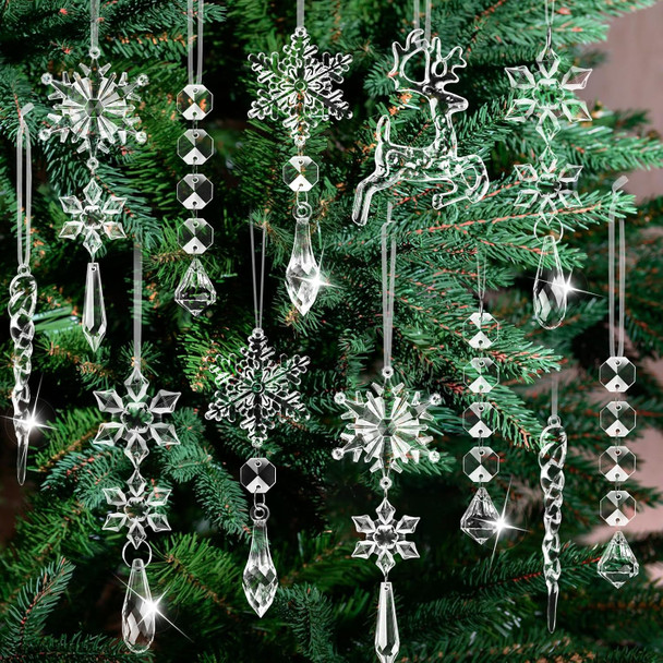 20 PCS Crystal Ornaments Christmas Tree Decorations, Hanging Acrylic Snowflake Icicle Drop for Winter Wonderland Holiday Year Party Decor Supplies