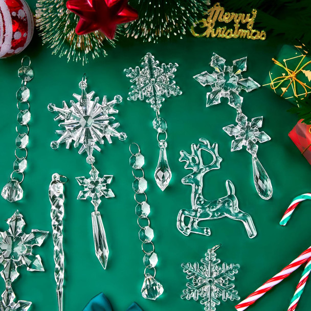 20 PCS Crystal Ornaments Christmas Tree Decorations, Hanging Acrylic Snowflake Icicle Drop for Winter Wonderland Holiday Year Party Decor Supplies