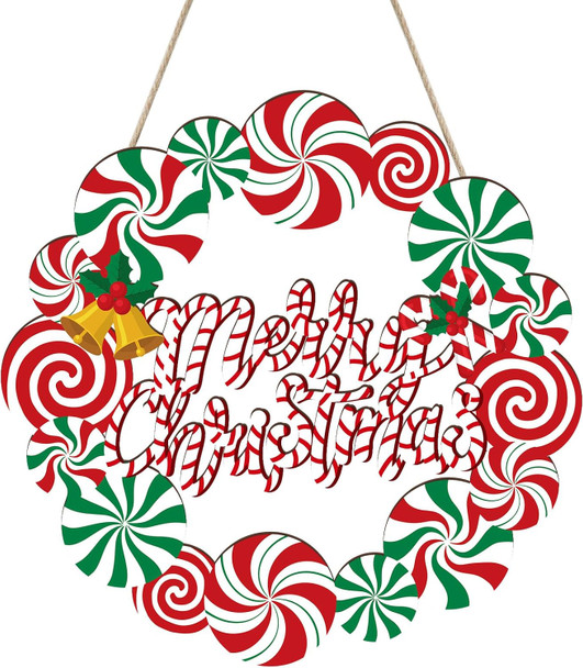 Merry Christmas Door Decorations Wreath Sign for Front Door Decor, 11" Wooden Welcome Signs Wreaths XMAS Tree Hanging Decoration Indoor Outdoor (Peppermint Candy Canes)