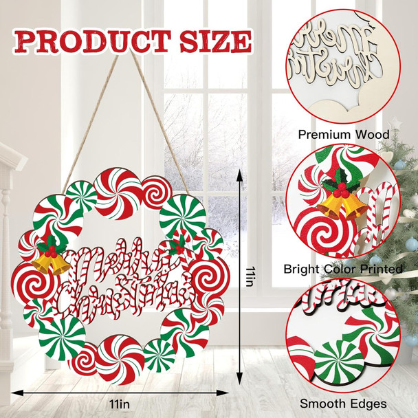 Merry Christmas Door Decorations Wreath Sign for Front Door Decor, 11" Wooden Welcome Signs Wreaths XMAS Tree Hanging Decoration Indoor Outdoor (Peppermint Candy Canes)