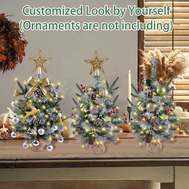 Artificial Mini Christmas Tree with LED Lights, 21 Inch Table Top Christmas Tree with Pine Cones, Silver Balls, and Gold Fawn for Holiday and Christmas Decoration