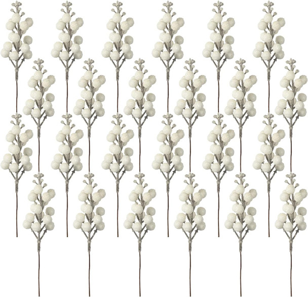 Crafare 24 Pack 7.5Inch Christmas Glitter Berries Stems Artificial Christmas Picks for Christmas Tree Ornaments, DIY Xmas Wreath, Crafts, Holiday and Home Decor, White