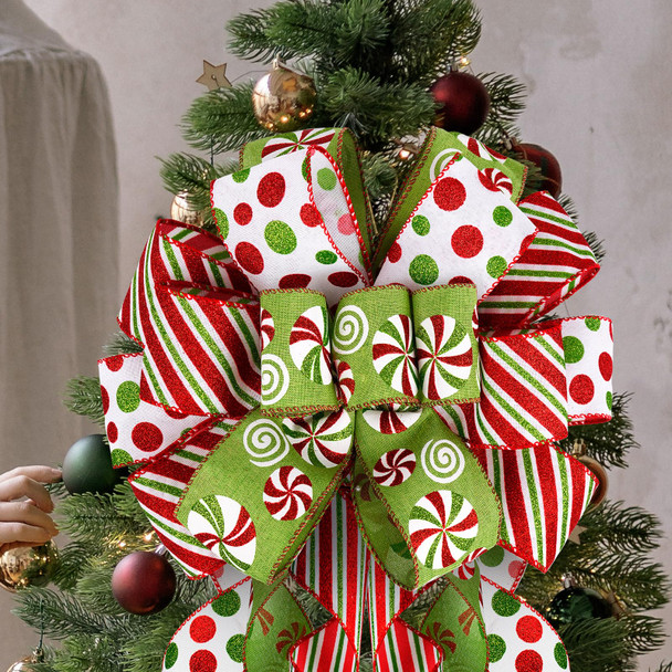 Grinchy Christmas Tree Topper Bow - 45'' x 13'' Large Glitter Polka Dot Wreath Bow with Peppermint Pattern Edge - Christmas Tree and Wreath Decor, Christmas Wired Ribbon Bow Decorations Grinchy Christmas Tree Topper Bow - 45'' x 13'' Large Glitter Polka Dot Wreath Bow with Peppermint Pattern Edge - Christmas Tree and Wreath Decor, Christmas Wired Ribbon Bow Decorations