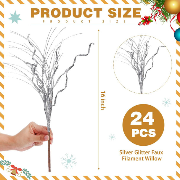 Christmas Glitter Curly Tree Picks Wispy Willow Stem Glittered Twigs Decor Wreath Garland Floral Arrangement Glitter Stems for Xmas Tree Decor(Silver,24 Pcs)