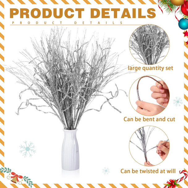 Christmas Glitter Curly Tree Picks Wispy Willow Stem Glittered Twigs Decor Wreath Garland Floral Arrangement Glitter Stems for Xmas Tree Decor(Silver,24 Pcs)