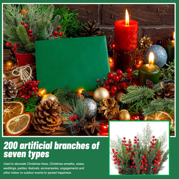200 Pcs Christmas Artificial Pine Needles Branches Garland Red Berries Stems Greenery Pine Picks with Pinecone Artificial Pine Picks with Red Berries and Natural Pinecones for DIY Wreath