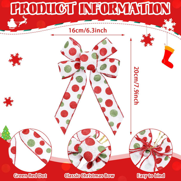 24 Pcs Christmas Bows Decoration Red Green Wreath Bow 6.3'' x7.9'' Polka Dot Large Premade Bows Xmas Tree Topper for Outdoor Indoor Garland Wedding Party (White, Green and Red)