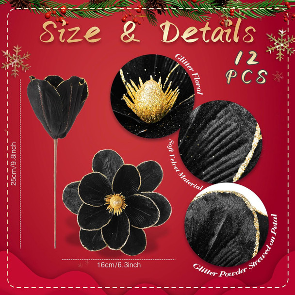 12 Pcs Christmas Velvet Poinsettia Burgundy Magnolia Flowers Ornaments Glitter Large Heads Artificial Magnolia Flowers for Christmas Tree Decorations Wedding Decor Supplies (Black and Gold)