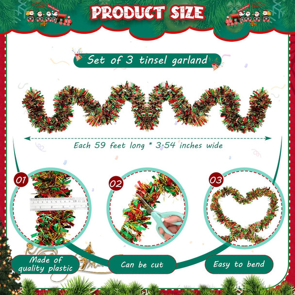 177 Feet Christmas Tinsel Garland Metallic Christmas Tree Garland Shiny Hanging Christmas Tree Tinsel Garland Ornaments for Indoor Outdoor Party Wedding Holiday (Red Green Gold)