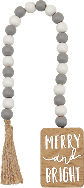 Merry and Bright Farmhouse Beads with Tassel, Rustic Wooden Beads Decor, Wooden Bead Garland for Tiered Tray, Tabletop, Shelf, Christmas Tree