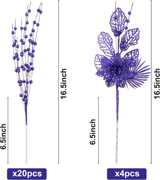 24 Pack Christmas Tree Ornaments - Artificial Flowers Glitter Berry Stems Christmas Floral Picks Branches for Xmas Tree Decorations Vase Filler Holiday Wedding Party Home Decor (Purple)
