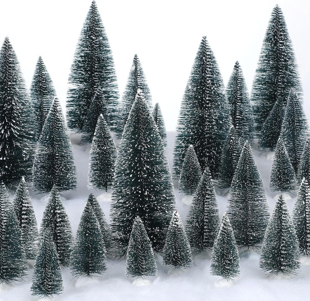 Crowye 80 Pcs Christmas Village Trees Mini Dollhouse Christmas Tree Pine Cedar Trees with White Plastic Base Miniature Christmas Village Accessories for Winter Party Decor, 6 Sizes(Dark Green)