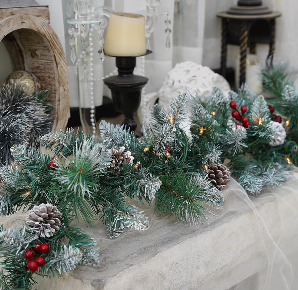 Pre-Lit Artificial Christmas Garland, Snowflake Garland, White Lights 50, Decorated with Pine Cones, Berry Clusters, Plug in, Christmas Decorations, 9 Feet