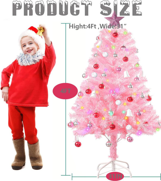 Pink Christma Tree 4 ft,Kids Christmas Tree,4 Ft Christmas Tree with Lights,Pink Christmas Decorations (Balls, Stars, and Ornaments) Small Christmas Tree with Lights 4ft