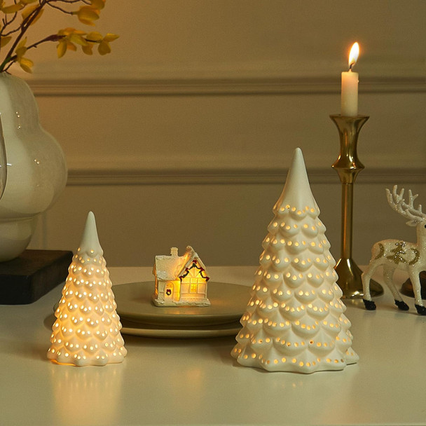 Light Up Ceramic Christmas Tree, 2 Pack Lighted Porcelain Christmas Tree with Dots Cutouts, Matte White Small Xmas Tree Table Centerpiece Xmas Tree Figurines for Tabletop Decor