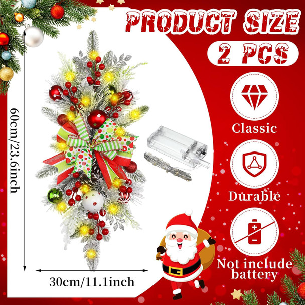 2 Pack Christmas Artificial Swags 24 in Prelit Flocked Xmas Door Stair Swags Teardrop Swag Cordless Christmas Stairway Decoration with LED Lights for Indoor Outdoor (Elf, Red and Green)