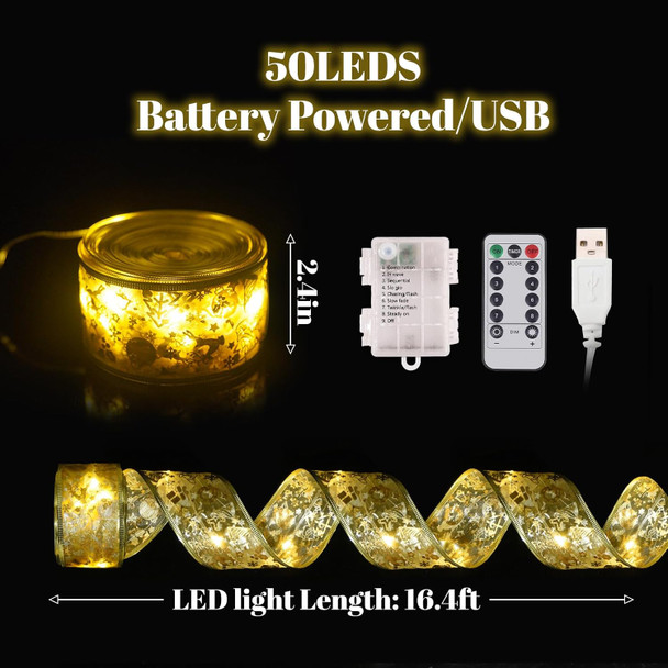 Dailyart Christmas Ribbon Fairy Lights 2 Pack Total 100LED USB& Battery Operated String Lights Timer 46FT Christmas Lights Indoor with 8 Modes Fairy Lights with Remote for Xmas Tree Garland Decoration