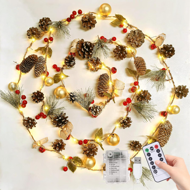 Christmas Garland with Lights 16.4FT 150 LED Christmas Wreath Lights 8 Modes Pine Cone Battery Operated Fairy Lights with Remote USB Twinkle Lights for Christmas Tree Mantle Stairs Table Door Decor