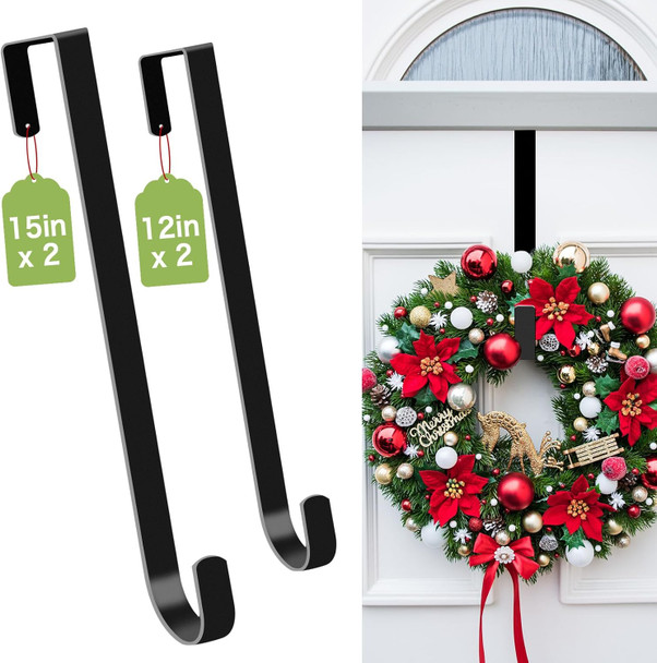 4 Pack Wreath Hangers for Front Door, Over The Door Wreath Hanger Halloween Decorations Wreath Hook for Hanging Christmas Easter Fall Decoration, Welcome Sign Holder Two Each of 12" and 15" (Black)