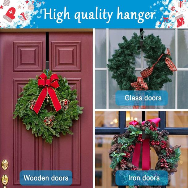 4 Pack Wreath Hangers for Front Door, Over The Door Wreath Hanger Halloween Decorations Wreath Hook for Hanging Christmas Easter Fall Decoration, Welcome Sign Holder Two Each of 12" and 15" (Black)