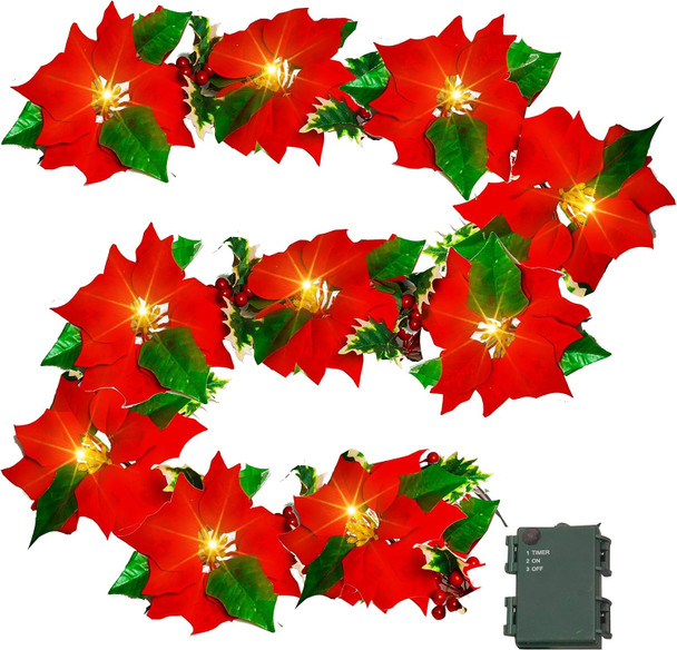 Dazzle Bright 7 FT Christmas Poinsettia Flowers Garland Decorations, 10 LED Lighted Artificial Velvet String Lights with Red Berries Holly Leaves, Xmas Ornaments for Indoor Outdoor Fireplace Decor