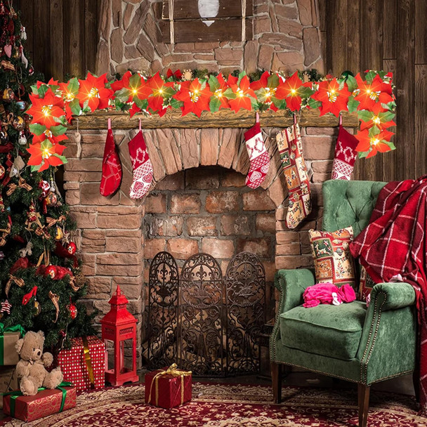Dazzle Bright 7 FT Christmas Poinsettia Flowers Garland Decorations, 10 LED Lighted Artificial Velvet String Lights with Red Berries Holly Leaves, Xmas Ornaments for Indoor Outdoor Fireplace Decor