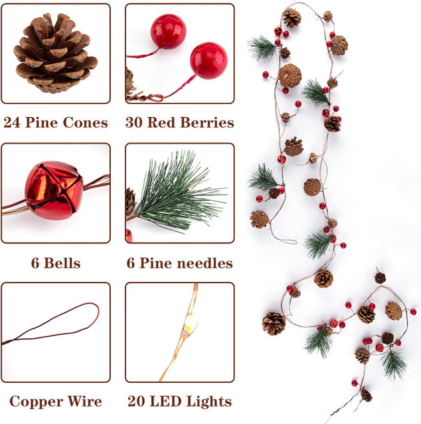 2 Pack Christmas Garland, 6.56 Ft LED String Light with Pine Cones, Red Berries, Bells for Xmas Decor Mantle Fireplace Christmas Holiday Party Thanksgiving Decoration, 20 LED Lights, Battery Operated 2 Pack Christmas Garland, 6.56 Ft LED String Light with Pine Cones, Red Berries, Bells for Xmas Decor Mantle Fireplace Christmas Holiday Party Thanksgiving Decoration, 20 LED Lights, Battery Operated
