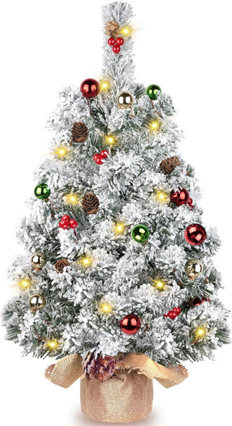 DDHS Artificial Tabletop Christmas Tree,2ft Small Christmas Tree with Ornaments Balls Pine Cones Berries, and 30 Lights Snow Tree, Pre Lit Xmas Tree for Table Home Christmas Party Decor