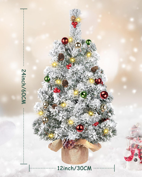 DDHS Artificial Tabletop Christmas Tree,2ft Small Christmas Tree with Ornaments Balls Pine Cones Berries, and 30 Lights Snow Tree, Pre Lit Xmas Tree for Table Home Christmas Party Decor