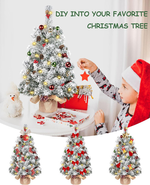 DDHS Artificial Tabletop Christmas Tree,2ft Small Christmas Tree with Ornaments Balls Pine Cones Berries, and 30 Lights Snow Tree, Pre Lit Xmas Tree for Table Home Christmas Party Decor