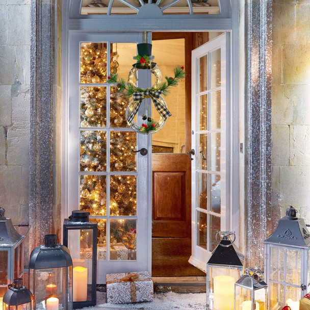 DearHouse Lighted Christmas Wreath Decoration, 16 x 8 Inch Grapevine Wreath with Hat and Bow Snowman Shape Wreath for Front Door Home Garden Wall Decor