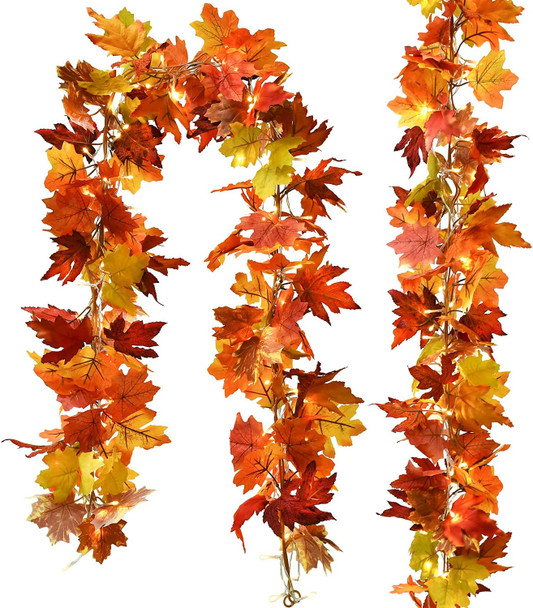 DearHouse 2 Pack Fall Maple Garland, 5.9Ft/Piece Hanging Vine Garland with 2Pcs 7.5 ft 20 Led String Light, Artificial Autumn Maple Leaf Garland Thanksgiving Decor for Home Wedding Fireplace Party