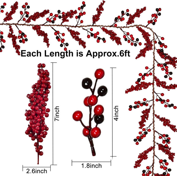 DearHouse 6Ft Red Berry Christmas Garland Clearance, Berry Garland Wired Stems with Assorted Large Red and Black Berries for Holiday Winter Year Decor