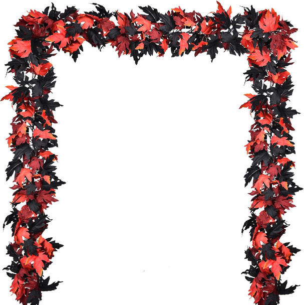DearHouse 2 Pack Fall Garland Maple Leaf Clearance, 5.9Ft/Piece Halloween Maple Garland Black and Red Autumn Foliage Garland Halloween Decor for Home Fireplace Party (Black and Red)