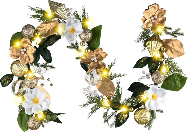 Decorbyhannah Christmas Garland with Lights, 6ft Prelit Gold White Christmas Garland Decorations with Ornaments and Magnolia, Battery Operated Christmas Garland Indoor for Mantle, Fireplace, Stairs