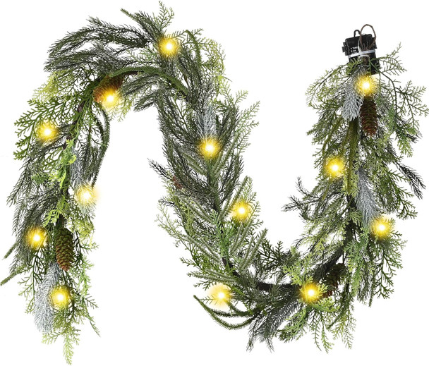 Decorbyhannah Christmas Garland with Lights, Prelit 6ft Lighted Norfolk Pine Garland, Battery Operated Artificial Greenery Garland Christmas Decorations for Mantle, Home Decor Indoor Outdoor