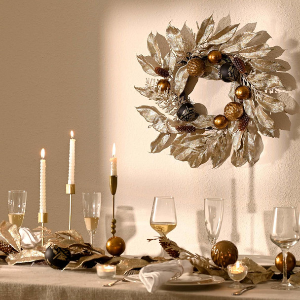 Decorbyhannah Christmas Wreaths for Front Door, 24 inch Prelit Christmas Wreaths with Gold Leaves and Ornaments, Artificial Reef with Lights for Outdoor Holiday Decorations (Luxury Gold & Black)