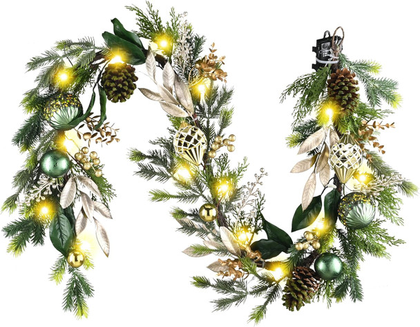 Decorbyhannah Christmas Garland with Lights, 6ft Lighted Artificial Greenery Garland Christmas Decorations with Pinecone and Green Gold Ornaments, Battery Operated Christmas Garland Indoor for Mantle