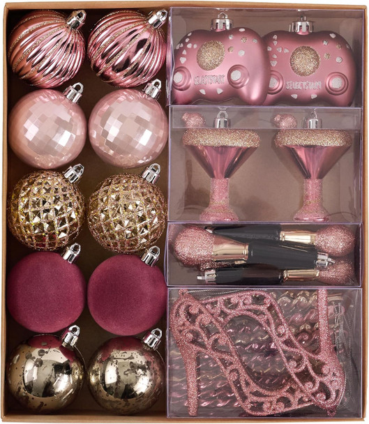 DecorbyHannah 40ct Christmas Ornaments Set, Assorted Pink Gold Christmas Tree Ornaments Decorations, Shatterproof Velvet Barbie Christmas Ball Ornaments Set for Xmas Tree,Girls Party,Home Decor